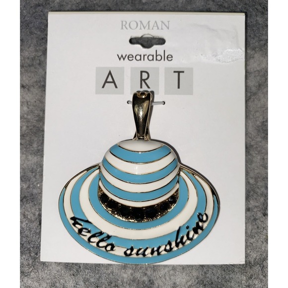 Wearable‎ Art Pendant By Roman 2" Hello Sunshine Hat Blue White Rhinestones NEW - Picture 1 of 3